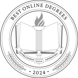 Badge from Intelligent.com with text Best Online Degrees 2024 logo